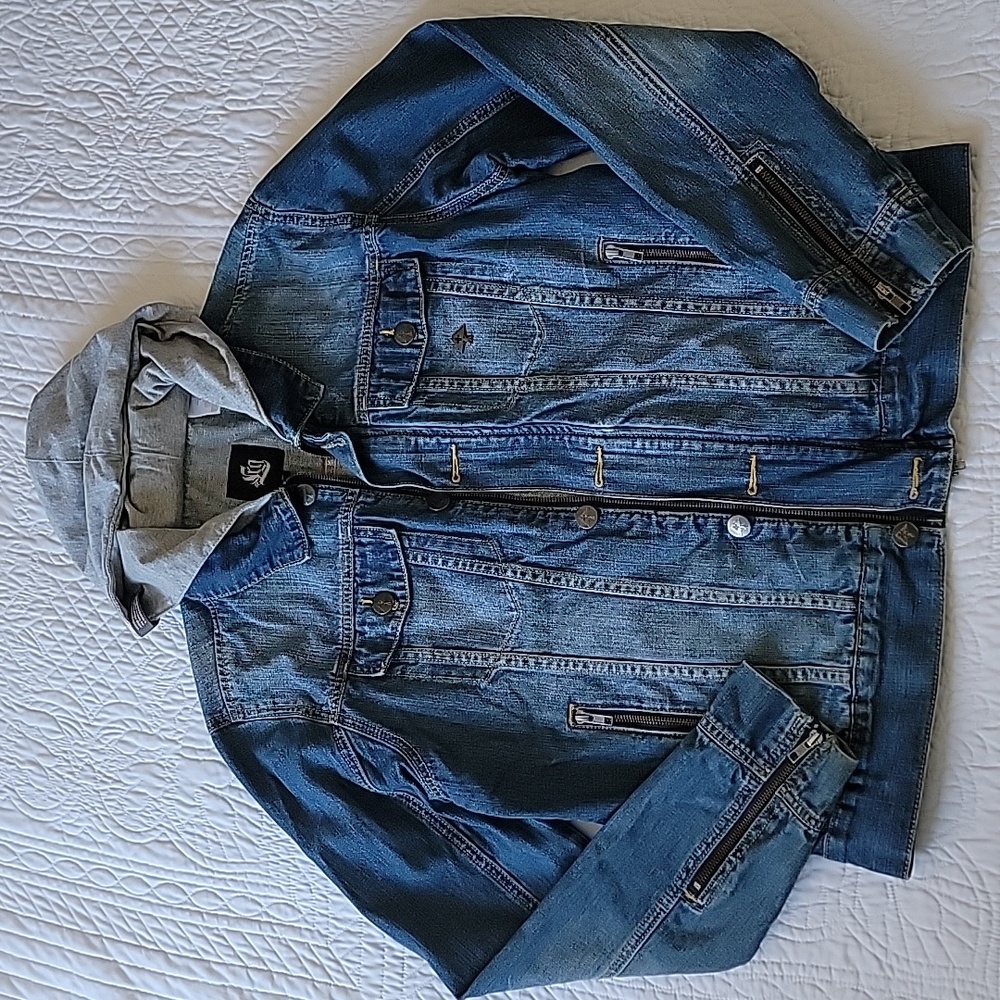 LRG Men's Blue Denim Hooded Trucker Jacket Size Medium Gray Hood Streetwear